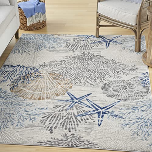 Nourison Pompeii Ivory Grey Blue 5'3" x 7'3" Area Rug, Coastal, Beach, Nautical, Easy Clean, Non Shedding, Bed Room, Living Room, Hallway, (5'3" x 7'3") -
