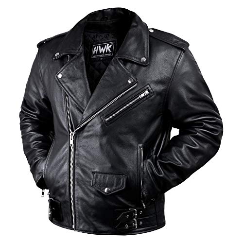 HWK Brando Black Leather Motorcycle Jacket for Men w/CE Armor, Thermal Lining, & Water-Resistant Construction – Comfy Vintage Style for All-Weather Riding, Motorcycle Gear, Large Black Leather Jacket -
