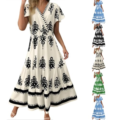 Summer Dresses for Women 2025 Casual Boho Flowy V-Neck Maxi Dresses Printed High Waist Dress Elegant Tiered A-line Sundress White -
