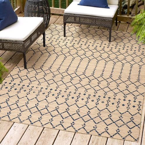 JONATHAN Y SMB108H-8 Ourika Moroccan Geometric Textured Weave Indoor Outdoor Area-Rug, Coastal, Traditional, Transitional Easy-Cleaning,Bedroom,Kitchen,Backyard,Patio,Non Shedding, Beige/Navy, 8 X 10 -