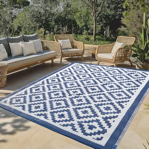 WILDPATH 5x8 ft Outdoor Rug Waterproof, Plastic Straw Patio Carpet - UV Resistant Reversible Indoor Outdoor Rugs for Porch, Camping, Poolside, RV, Balcony, Easy to Clean, Blue and White -