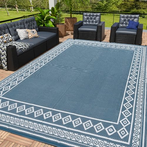 OPPODREAM Outdoor Rug 5x8 Ft, Waterproof Outdoor Plastic Straw Rug for Patio, Reversible Out Door Carpet for Camping, Deck, Rv, 5 x 8 Area Carpet for Balcony, Porch, Backyard, White & Navy Blue -