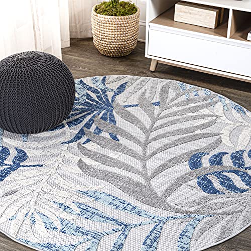 Eyely CMA100A-6R Amalfi Coast Tropics Palm Leaves Indoor/Outdoor Area Rug Country;Floral;Contemporary, Bedroom, Kitchen, Backyard, Patio, Easy-Cleaning, Non-Shedding, 6' Round, Gray/Blue -