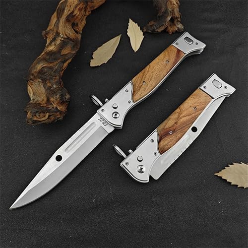 Goshawk 13" Large AK47 CCCP Button Lock Pocket Knife with Slide Safety Lock，Portable Tactical Folding Knives，440C Steel Blade and Wooden Handle，Gifts for Men，EDC Tool for Camping，Hunting -