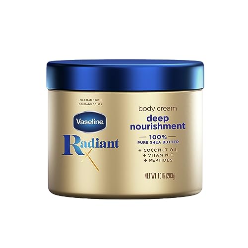 Vaseline Radiant X Deep Nourishment Body Cream 100% Pure Shea Butter, Coconut Oil, Vitamin C, & Peptides 10 oz -