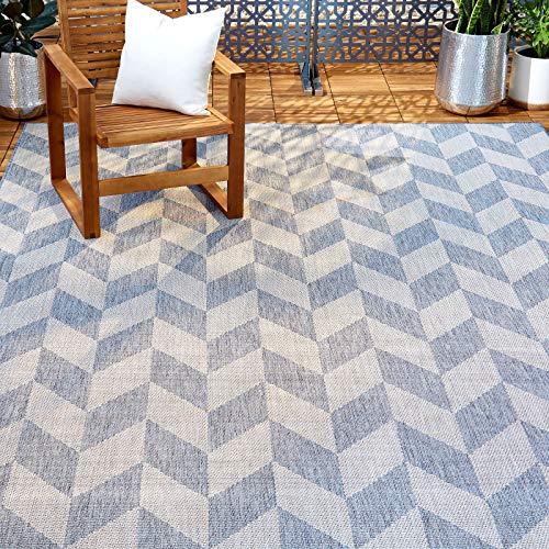 Nicole Miller New York Patio Country Calla Contemporary Herringbone Indoor/Outdoor Area Rug, Blue/Grey, 7'9"x10'2" -