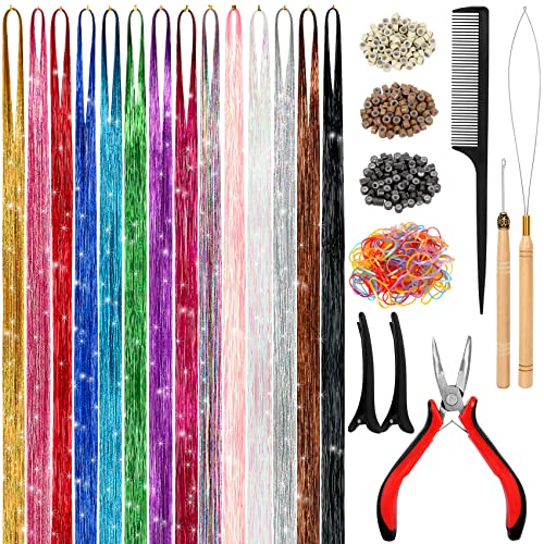 Hair Tinsel Kit (48 Inch,14 Colors, 3500 strands), Tinsel Hair Extensions with Tools, Heat Resistant Fairy Hair Tinsel Kit for Women Hair Accessories -