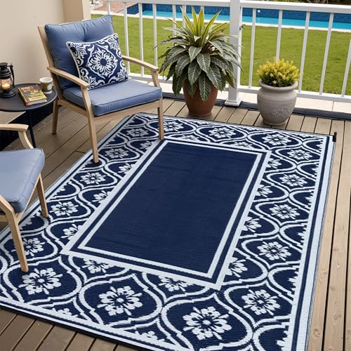 HUGEAR Outdoor Patio Rug 5'x8' Waterproof Outside Area Rugs Blue Reversible Plastic Straw Carpet for RV Deck Camping Entryance Porch Picnic Balcony Beach -