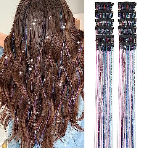 Hair Tinsel Pack of 12 Pcs Clip in Hair Tinsel Accessories 20 Inch Colorful Glitter Tinsel Hair Extensions Fairy Hair Party Dazzle Hair Accessories Kit for Women Girls Kids (12Pcs,Colorful#) -