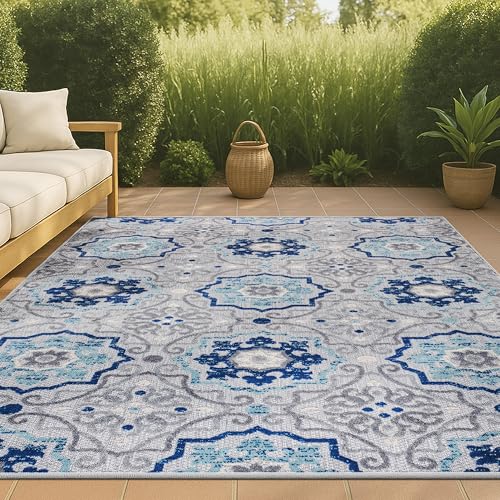 JONATHAN Y AMC101A-8 Mediterranean Medallion Indoor Outdoor Area-Rug Bohemian Floral Easy-Cleaning High Traffic Bedroom Kitchen Backyard Patio Porch Non Shedding, 8 X 10, Blue/Gray -