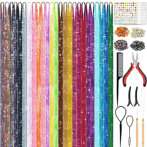 25Colors Fairy Hair Tinsels Kit 5000 Hair Glitter Strands 48Inch Heat Resistant Tinsel Hairs Extension Sparkling Shiny Highlights Hairs Tinsel with Tools for Christmas Halloween New Year Cosplay Party -