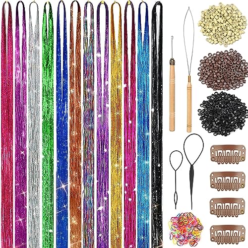 Hair Tinsel Kit (48 Inch,12 Colors, 3600 strands), Fairy Tinsel Hair Extensions with Tools - Glitter Hair Tinsel Kit Heat Resistant Accessories for Girls Women Kids Christmas New Year -