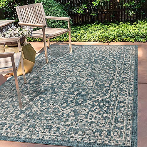 JONATHAN Y SMB104B-8 Malta Bohemian Medallion Textured Weave Indoor Outdoor Area Rug, Coastal, Traditional, Transitional Easy Cleaning,Bedroom,Kitchen,Backyard,Patio,Non Shedding, Teal/Gray, 8 X 10 -