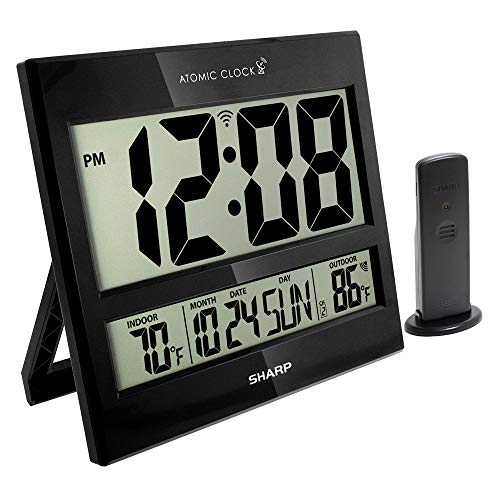Sharp Atomic Clock - Never Needs Setting! - Jumbo 3" Easy to Read Numbers - Indoor/Outdoor Temperature Display with Wireless Outdoor Sensor - Gloss Black -